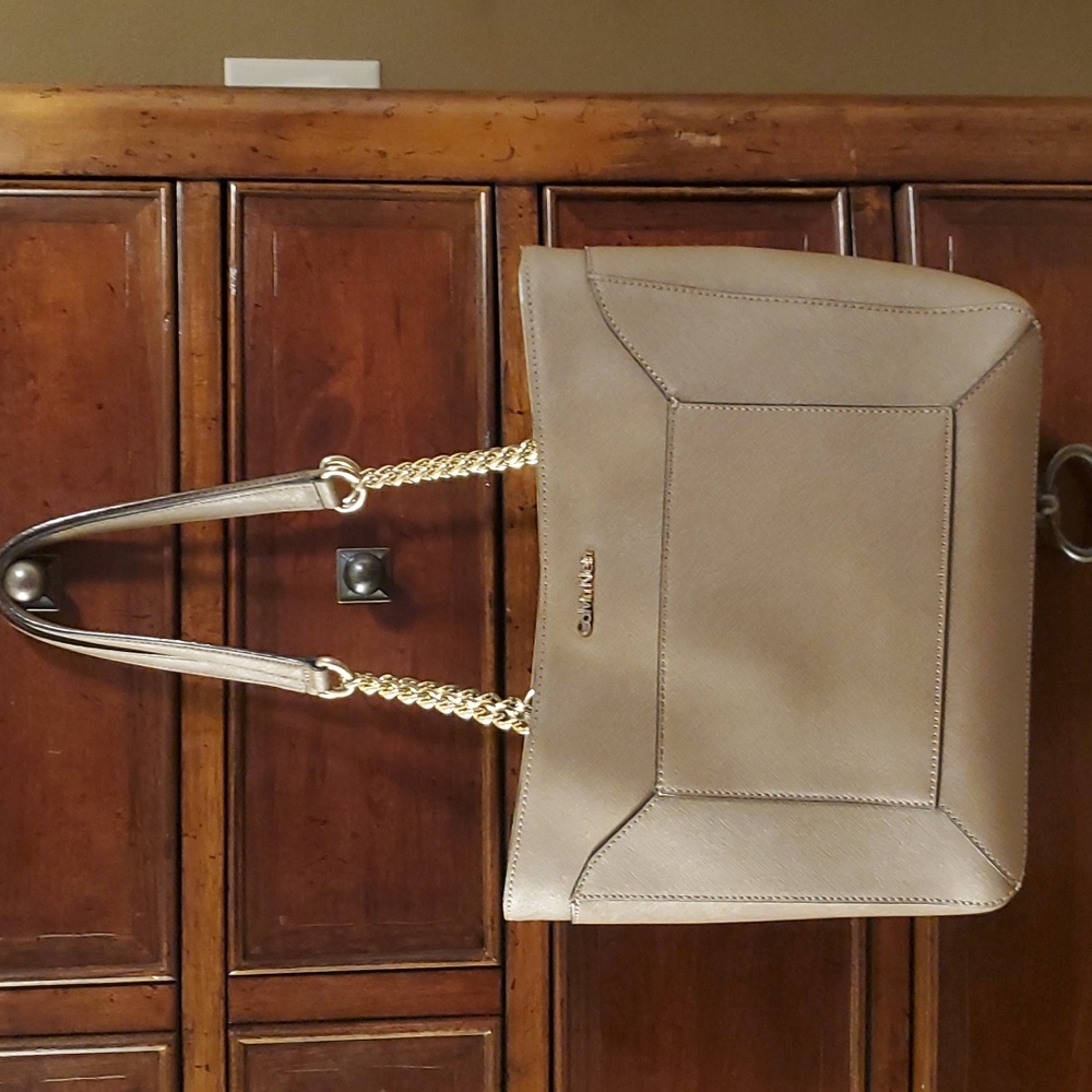 Calvin Klein Taupe and Gold Shoulder Bag